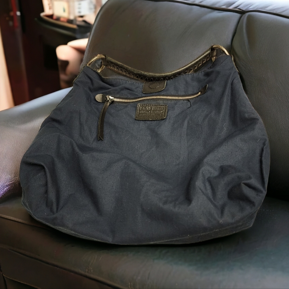 LUCKY BRAND Whipstitch Black Pebbled Leather Hobo Shoulder Bag Studs VINTAGE Y2K - Picture 12 of 16